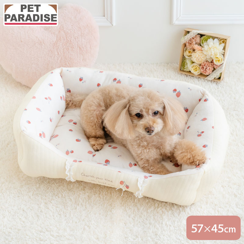ペットパラダイス 犬 ベッド 寝具 クッション 花苺柄 やさしい カドラー （57×45cm） Ｍ ペットベッド ペットソファー ペットクッション パピー はじめて 猫 洗える あごのせ