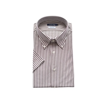 [YOSHIDA SHIRTS] ワイシャツ 日本製 形態安定 吸水速乾 ストライプ シャツ 半袖 ボタンダウン SHKN24-063 ブラウン M