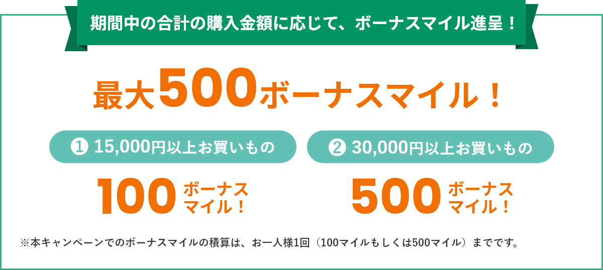 購入金額に応じて、ボーナスマイル進呈！①15,000円以上お買もの：100ボーナスマイル ②30,000円以上お買いもの：500ボーナスマイル