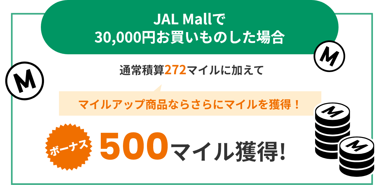 JAL Mallで30,000円お買いものした場合 通常積算272マイルに加えてマイルアップ商品ならさらにマイルを獲得！ボーナス500マイル獲得!
