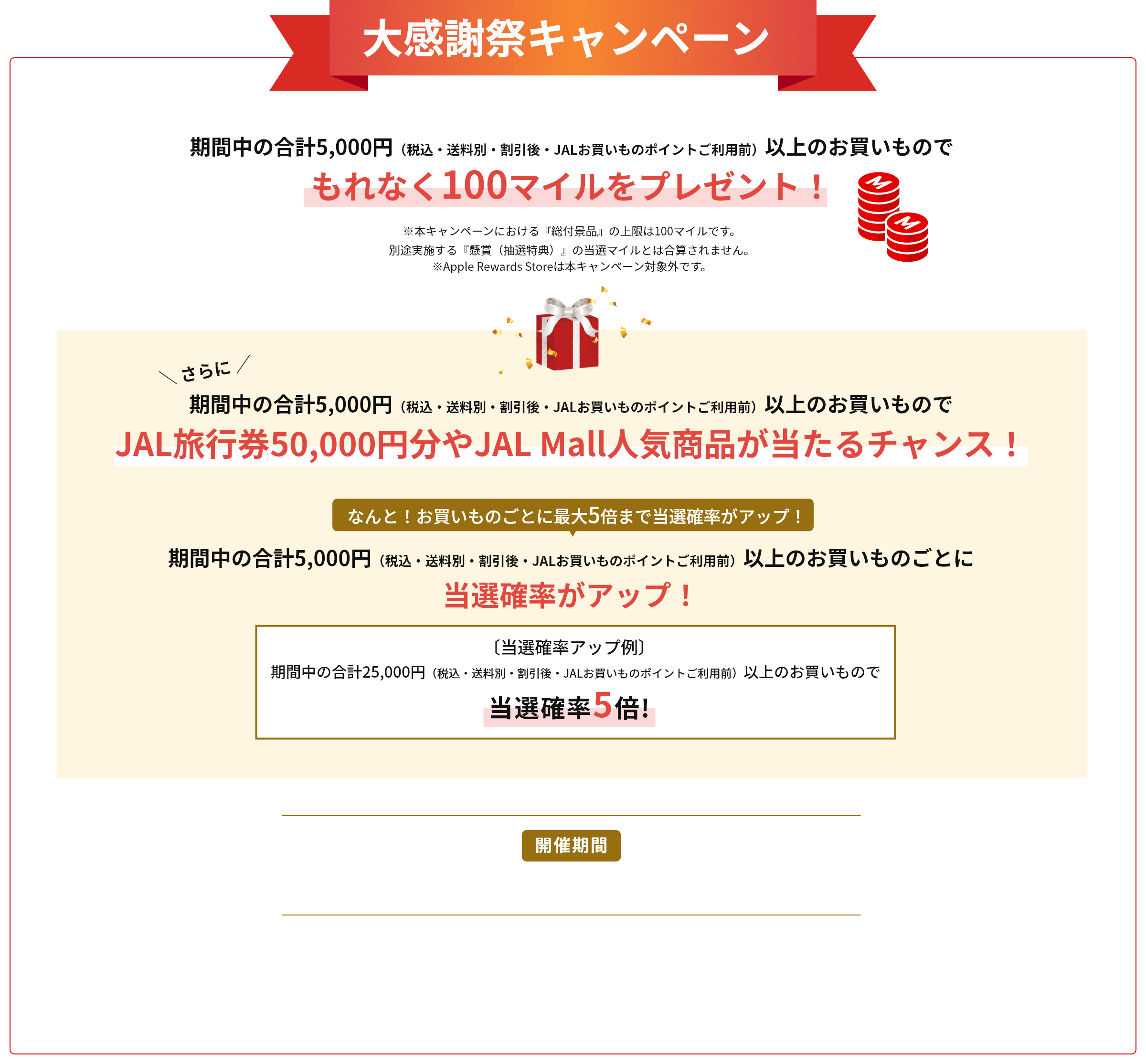 期間中の合計5,000円（税込・送料込・各種割引後）以上のお買いものでJAL旅行券50,000円分やJAL Mall人気商品が当たるチャンス！　さらに期間中の合計5,000円（税込・送料込・各種割引後）以上のお買いものでもれなく100マイルをプレゼント！※本キャンペーンのマイル進呈はお一人様100マイルまでとなります。※Apple Rewrads Storeは本キャンペーン対象外です。 開催期間