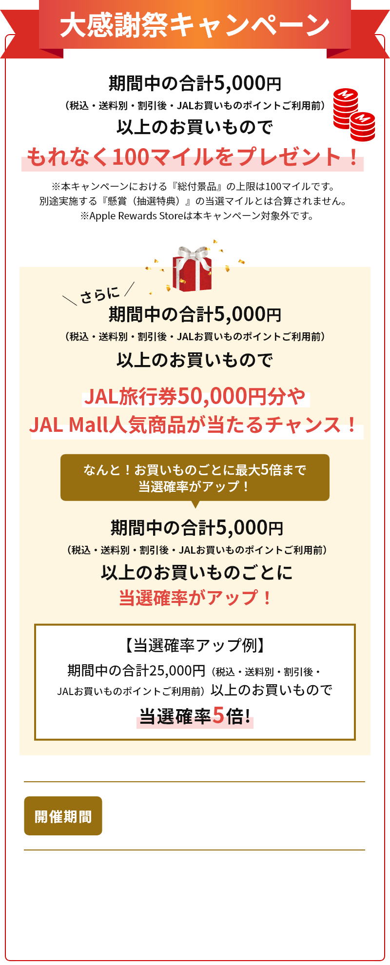 期間中の合計5,000円（税込・送料込・各種割引後）以上のお買いものでJAL旅行券50,000円分やJAL Mall人気商品が当たるチャンス！　さらに期間中の合計5,000円（税込・送料込・各種割引後）以上のお買いものでもれなく100マイルをプレゼント！※本キャンペーンのマイル進呈はお一人様100マイルまでとなります。※Apple Rewrads Storeは本キャンペーン対象外です。 開催期間